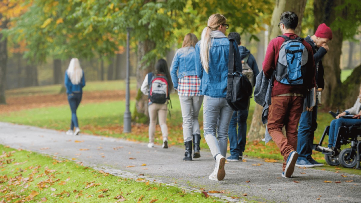 Grupo de estudiantes universitarios caminando por un parque